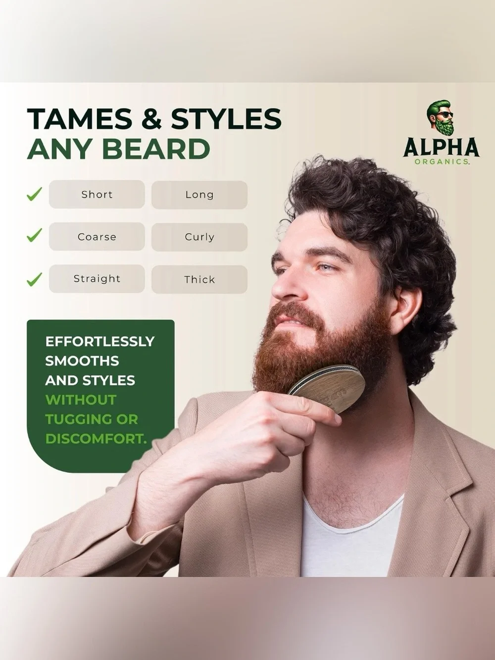 Alpha Organics Premium Beard Brush | Natural Boar Bristle & Walnut Wood NIB